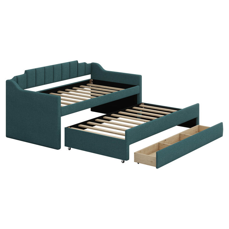 Solid Wood Twin Size Daybed With Trundle And 3 Drawers, Linen Upholstered Daybed Frame With Backrest And Armrest, Green