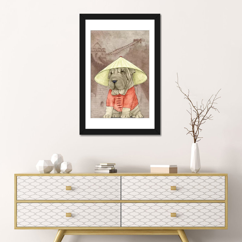 «Shar Pei With The Great Wall» par Barruf, impression sur toile tendue, H 24 po x l 16 po x P 1 po, Papier d'art encadré noir