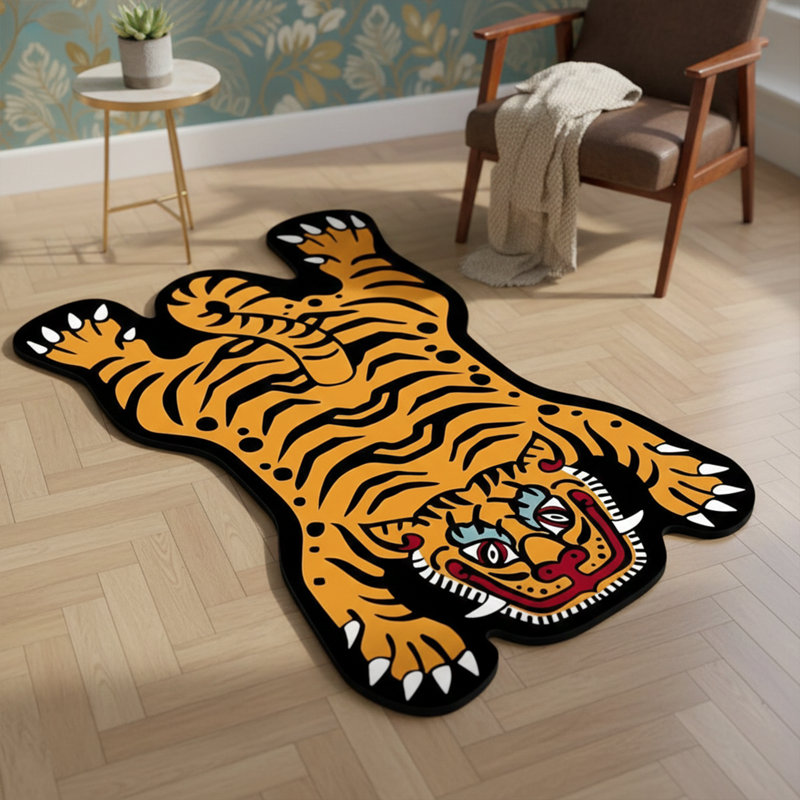 🐯 Orange Tummy Tiger Shaped Accent Rug, Orange