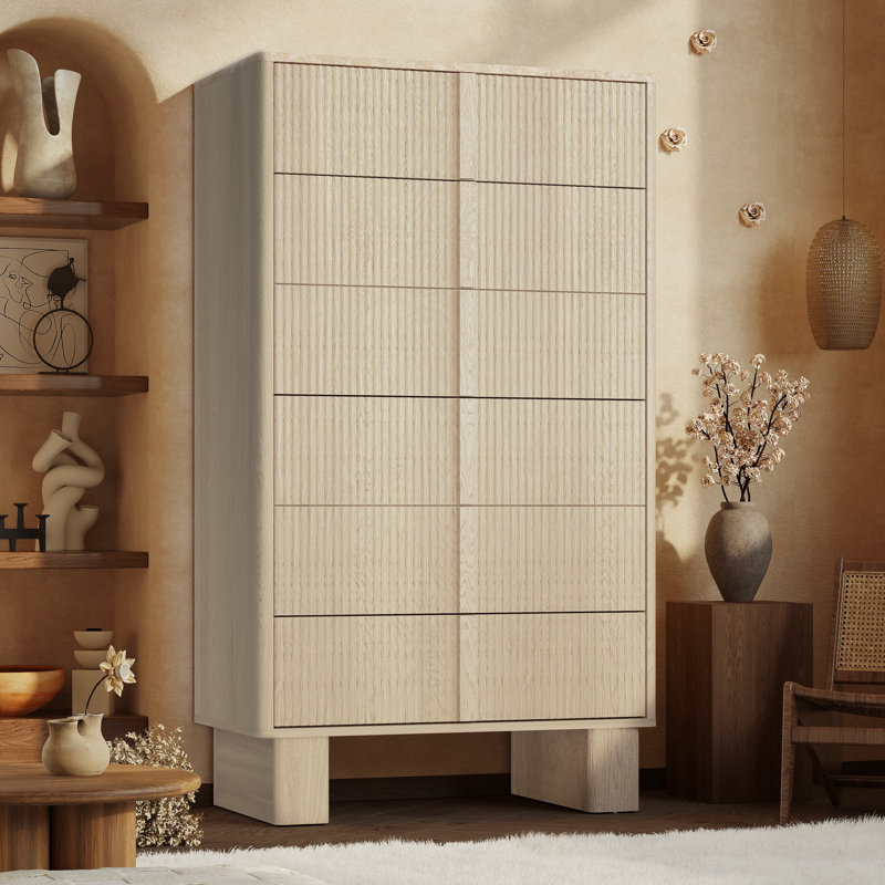 Fluted 6 Drawer Tall Dresser for Bedroom, 51” Modern Chest with Faux Marble Top, Wood Storage Organizer for Living Room, Hallway