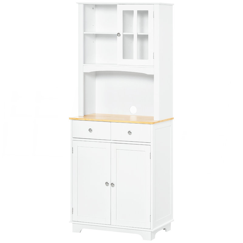 Buffet de cuisine autoportant de 67 po avec huche, garde-manger avec support à micro-ondes, tablette réglable, 2 tiroirs, armoire, blanc