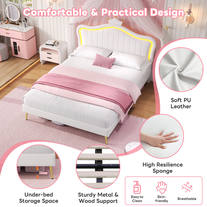 PU Leather Upholstered Bed With LED Adjustable Headboard, Double (147 x 194 cm), Cream White