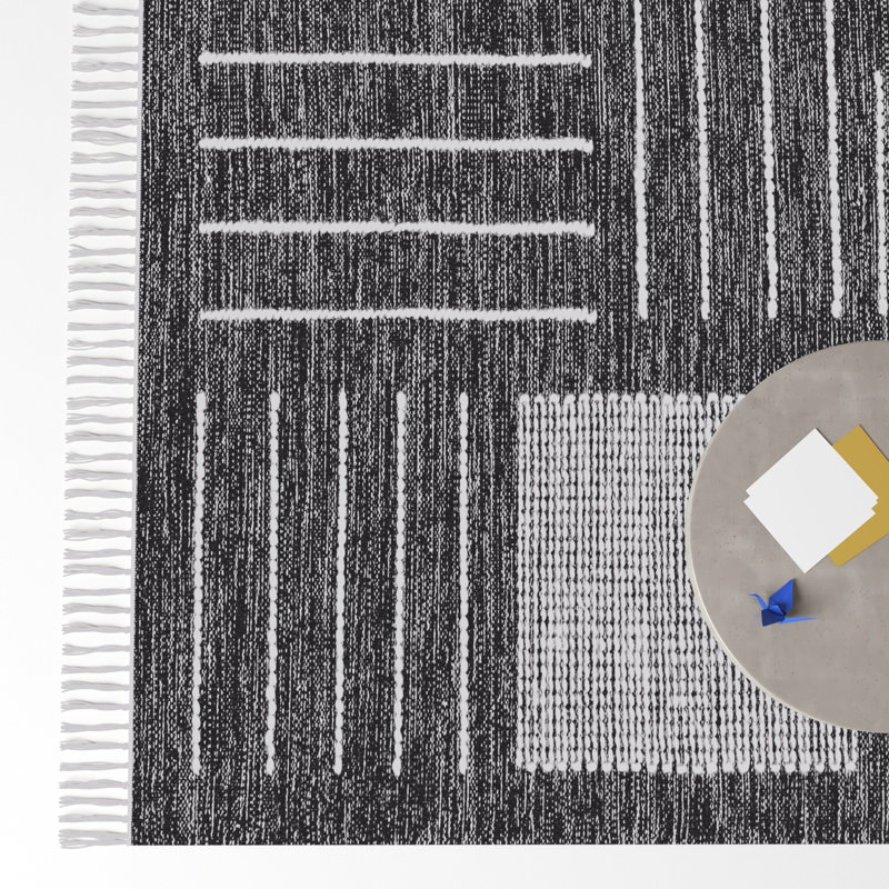 Flore Geometric Handmade Kilim Wool/Cotton Area Rug in Black/Ivory, Rectangle 8' x 10'