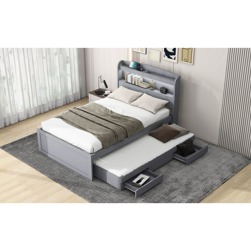 Lit plateforme simple TG avec rangement, tête de lit à DEL et poste de charge gris, Gris
