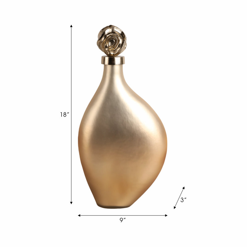 Decorative Slim Bottle Glass Vase with Metal Lid for Home Decor - Artisitic Tall Flower Vase for Living Room Table and Entryway Display - Gold