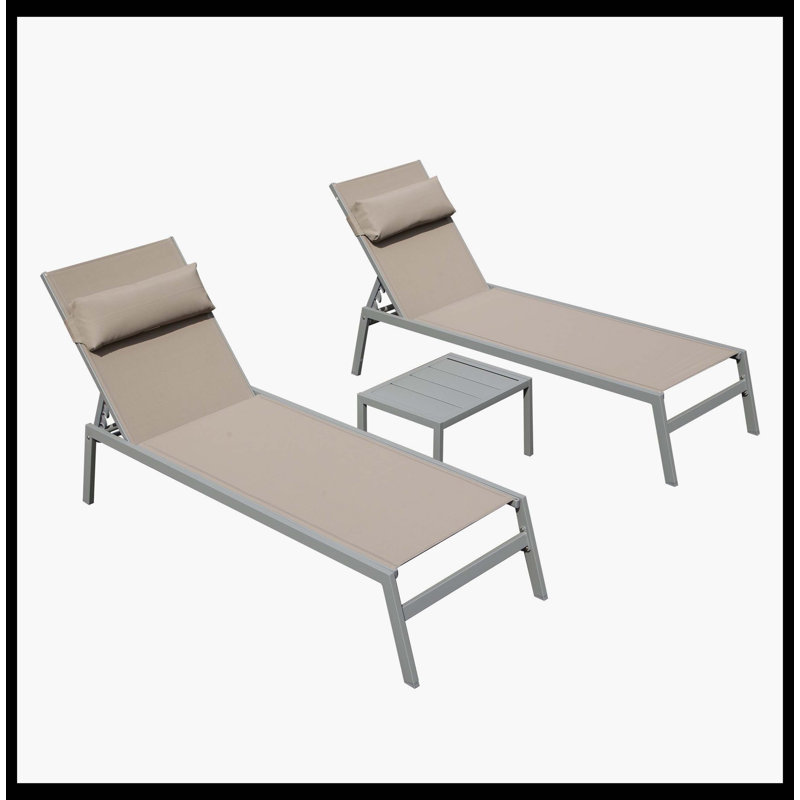 Patio Chaise Lounge Set Of 3, Sturdy Aluminum Pool Lounge Chairs With Convenient Side Table, Outdoor Adjustable Recliners With All-Weather Construction For Poolside, Beach, Yard & Balcony (Khaki)