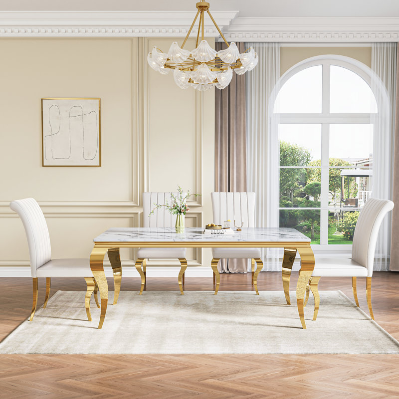 70" Large Rectangular Marble Dining Table, Elegant Faux Marble Kitchen Table With S-Shape Stainless Steel Legs, Luxury Dining Table