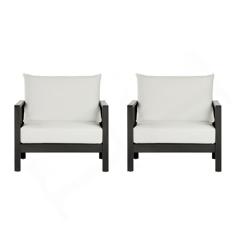 Chaises club d'extérieur (ensemble de 2), structure en bois d'acacia avec accents textilène noir, coussins blancs hydrofuges pour patio / cour arrière / terrasse