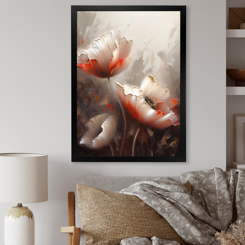 Crème délicates fleurs de coquelicot - impression, Cadre photo noir, H 20 po x l 12 po x P 1 po