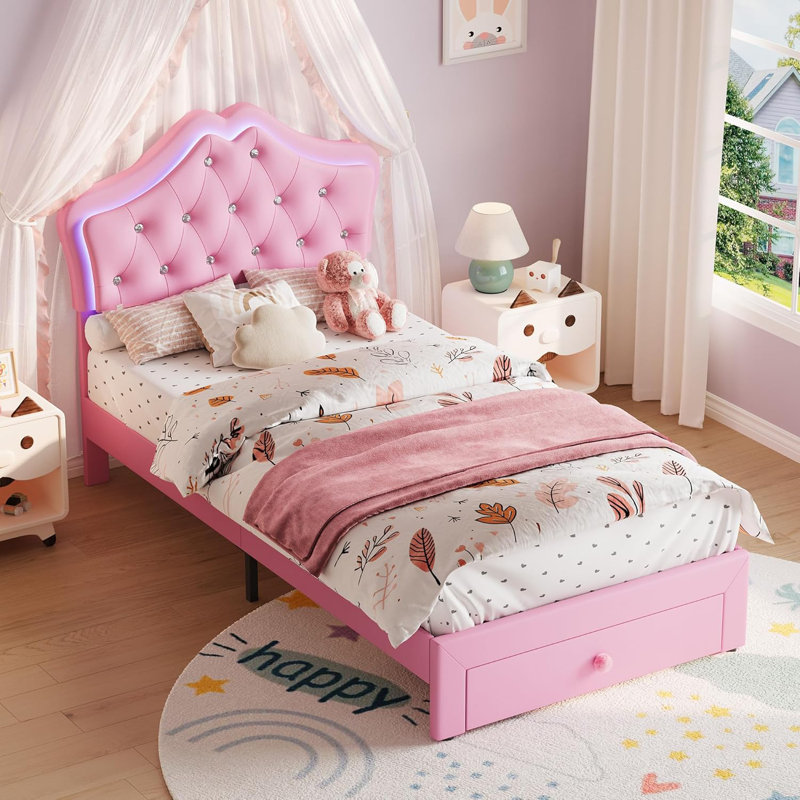 Bed Frame with LED Lights, Upholstered Platform Bed with Storage Drawer, Crystal Tufted Headboard for Kids, Teens, Noise-Free Slats & Easy Assembly