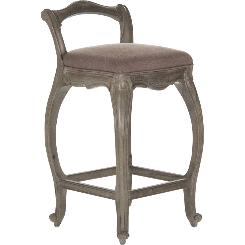 Birch Wood Brown Upholstered Bar Stool with Linen Seat