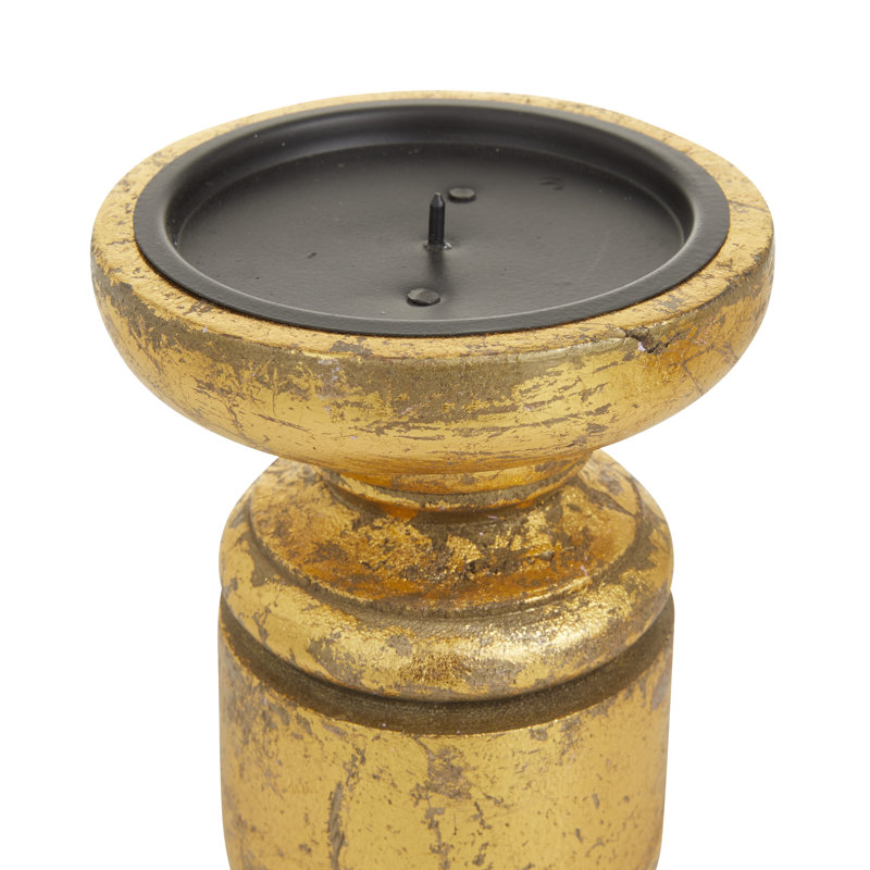 Mango Wood Turned Style Pillar Decorative Candle Holder Set, Gold, 10.1" H x 4.45" W x 4.4" D