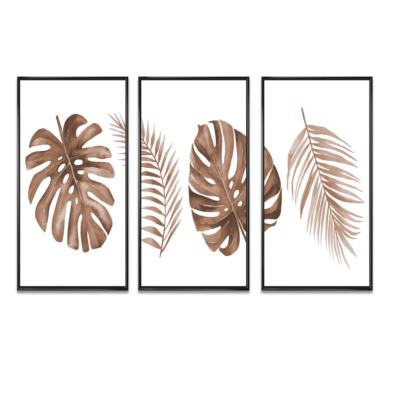 «Tropical Monstera and Palm Leaf In Terracotta», peinture sur toile flottante 3 pièces, Cadre noir, L 48 po x H 32 po