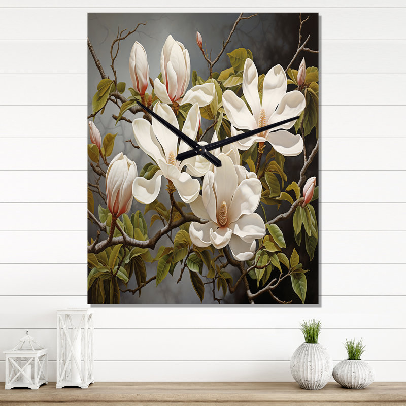 Horloge murale surdimensionnée blanche et verte Magnolias Magnolia Serenity, H 40 po x l 30 po x P 1 po