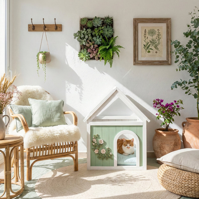Maison de chat en cèdre avec toit en acrylique pour petits chats et chiens Orla Modern Farmhouse, Menthe et blanc