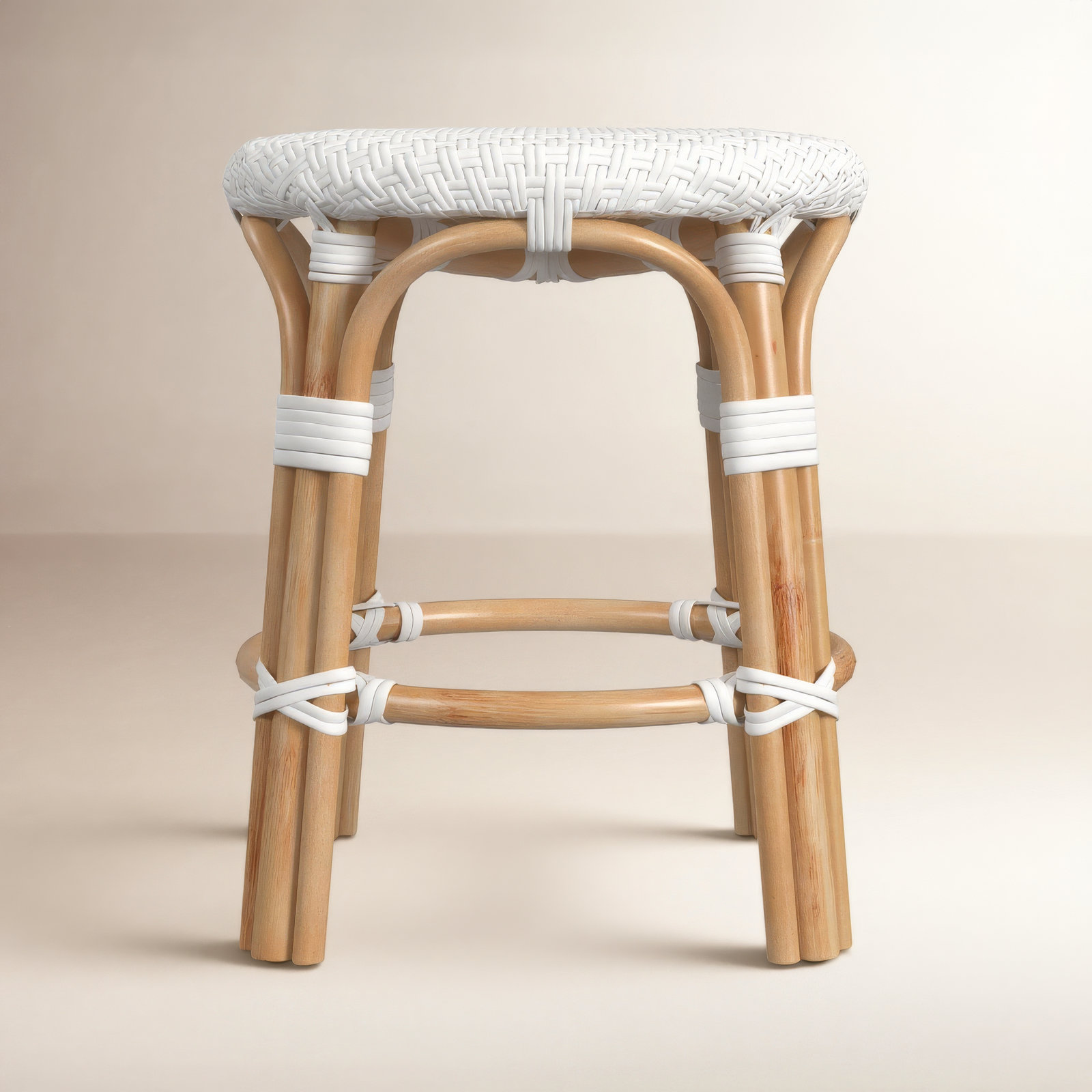 Alastair 18" Dining Short Stool, Glossy White/Natural Rattan Frame
