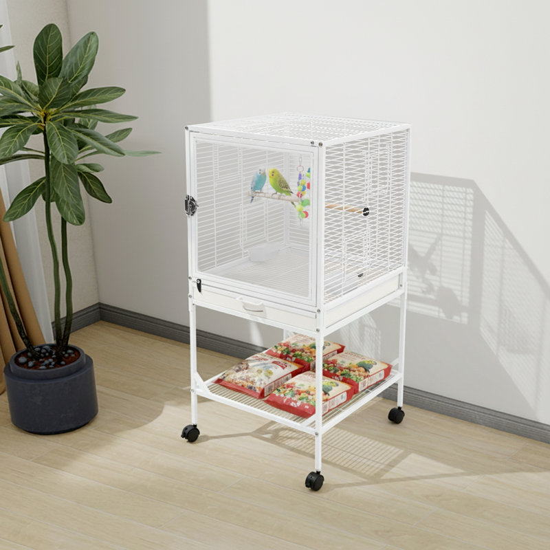 Cage à oiseaux en métal avec tablette de rangement et 4 roues universelles, grande cage mobile pour 2 ou 3 oiseaux, Blanc