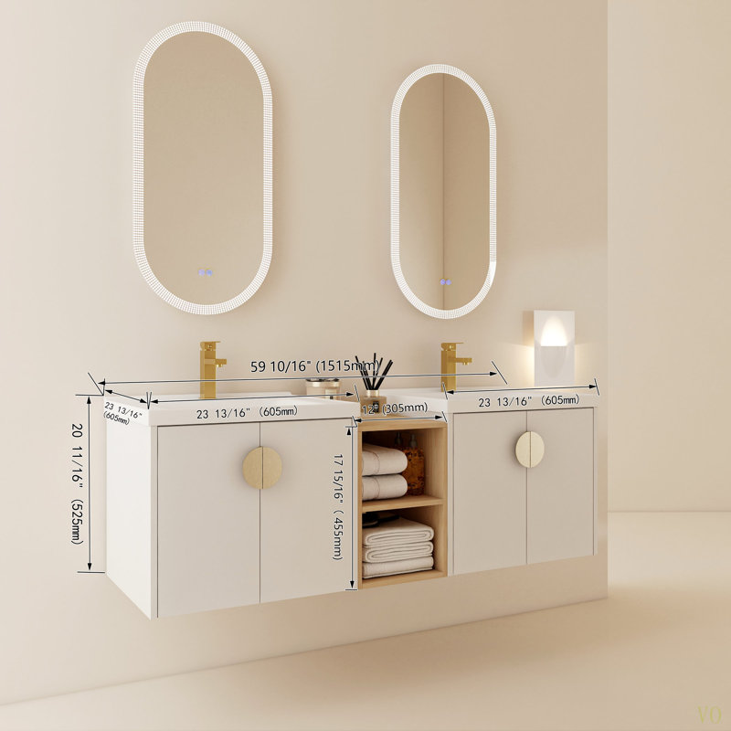 Meuble-lavabo à fermeture en douceur de 60 pouces avec lavabo et petites tablettes de rangement