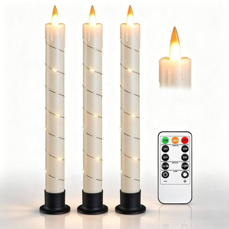 3 Pack LED Taper Candles with Fairy Lights, Realistic Moving Flame Flameless Candles, Plastic Heat Resistant Reusable Candles with Remote Control