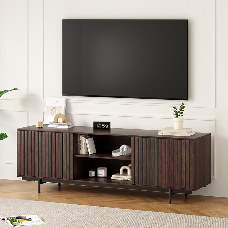 Rectangular TV Stand for TVs up to 75" with Open Shelf, Brown Wood