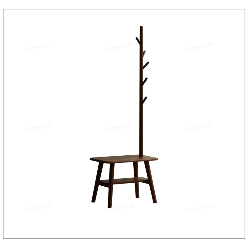 Natural Solid Wood Shoe Stool With Cloth Hanger, Mid-Century Modern Storage Bench with High Rebound Sponge Cushion for Entryway and Living Spaces