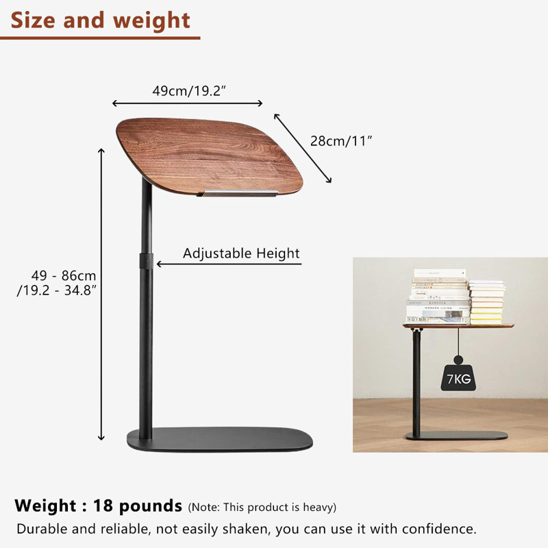Amarian C-Shaped Side Table with Adjustable Height and Rotatable Table Top, Walnut