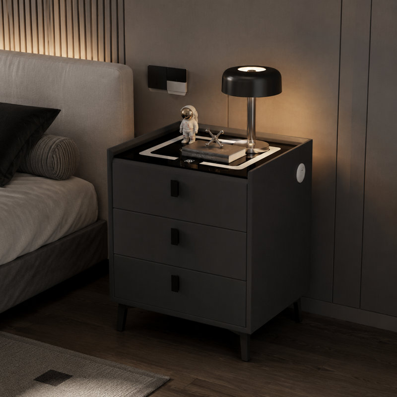 Table de chevet intelligente à 3 tiroirs avec lumière DEL, chargement sans fil, table de chevet avec ports USB et Type-C et plateau en verre trempé
