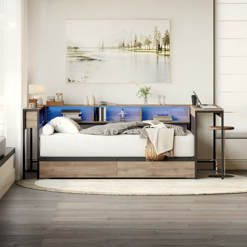 Structure de lit double avec bureau, 2 tiroirs en dessous et bibliothèque de rangement, lit de jour réversible moderne avec station de charge et lumière DEL