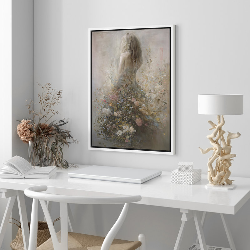 «View Of Her Back and Wildflower Bouquet Elegant», reproduction sur toile encadrée, Blanc, H 36 po x l 24 po