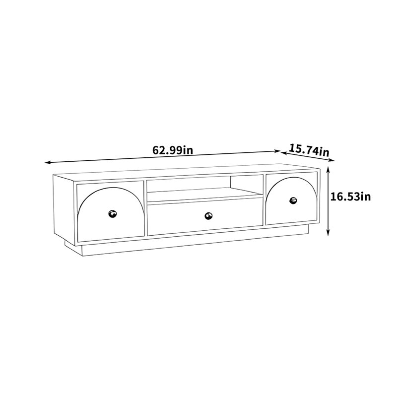 Meuble télé moderne avec poignées sphériques, H 16,53 po x L 62,99 po x l 15,74 po, Noir / blanc