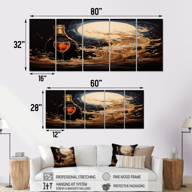 Full Moon Champagne Celebration - Ensemble d'art mural vin et champagne 5 pièces, H 28 po x l 60 po