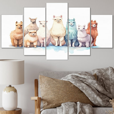 Troupeau de Alpacas colorés I - Animaux, art mural, salon - 5 panneaux