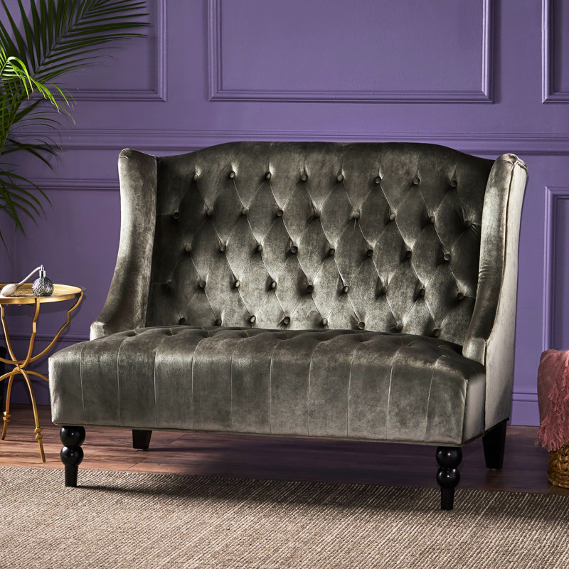 Fauteuil à oreilles moderne en velours gris 2 places, surpiqûres en losange, 129 cm L x 87,5 cm P x 96,3 cm H, velours, à oreilles.