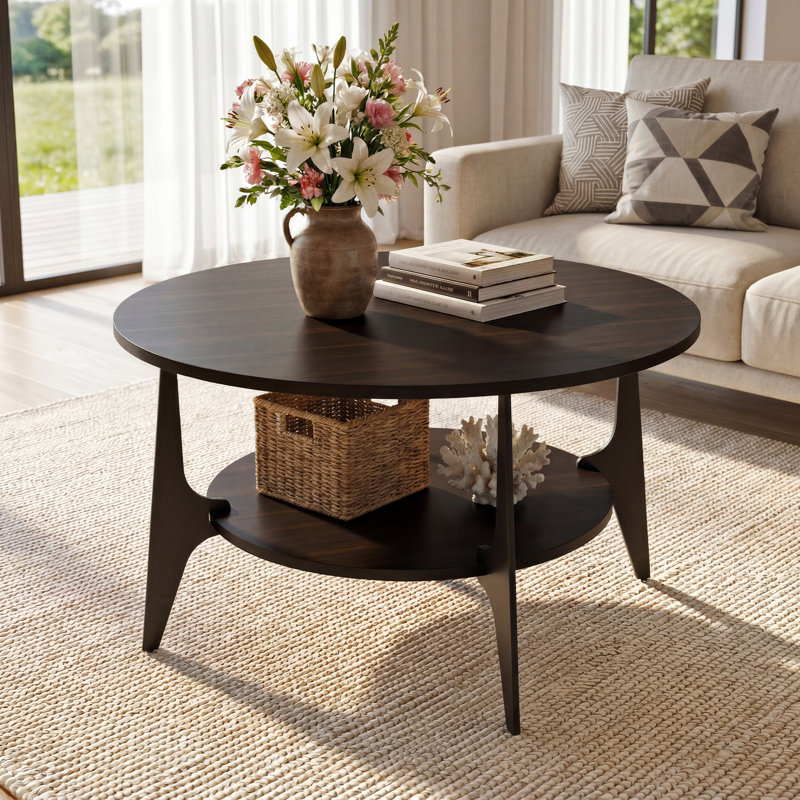 Table basse ronde de 30,71 po avec tablettes de rangement à 2 niveaux et pieds en fer massif pour le salon, la chambre à coucher et le bureau