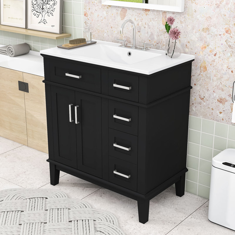 Meuble-lavabo compact 30 po avec lavabo en céramique, deux tiroirs et deux portes à fermeture en douceur, Noir