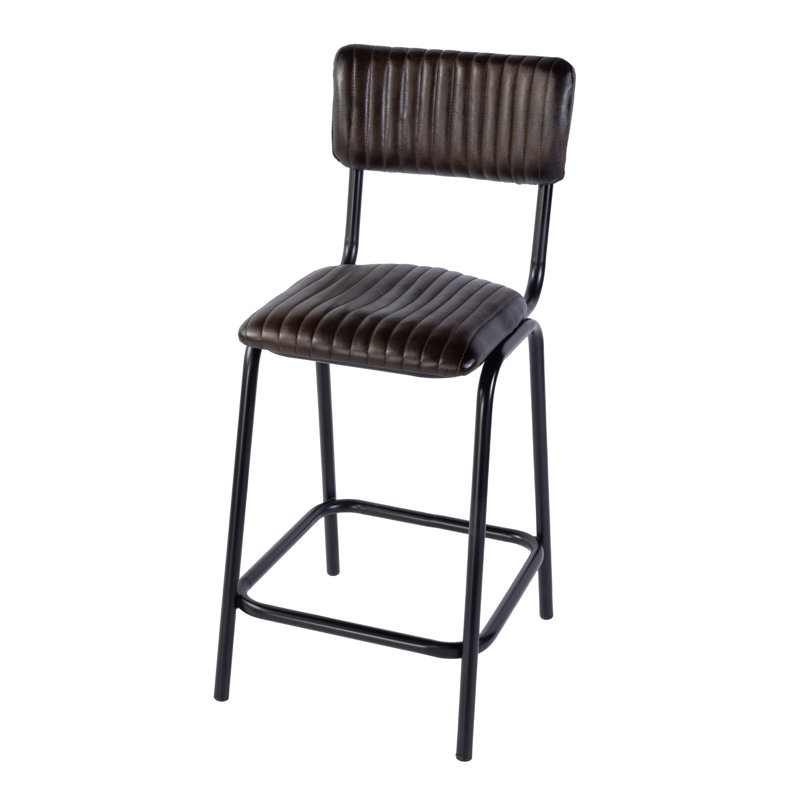 Waylon 30 in. Seat Height Leather and Iron Bar Height Stool with Back and Footrest, Black/Brown