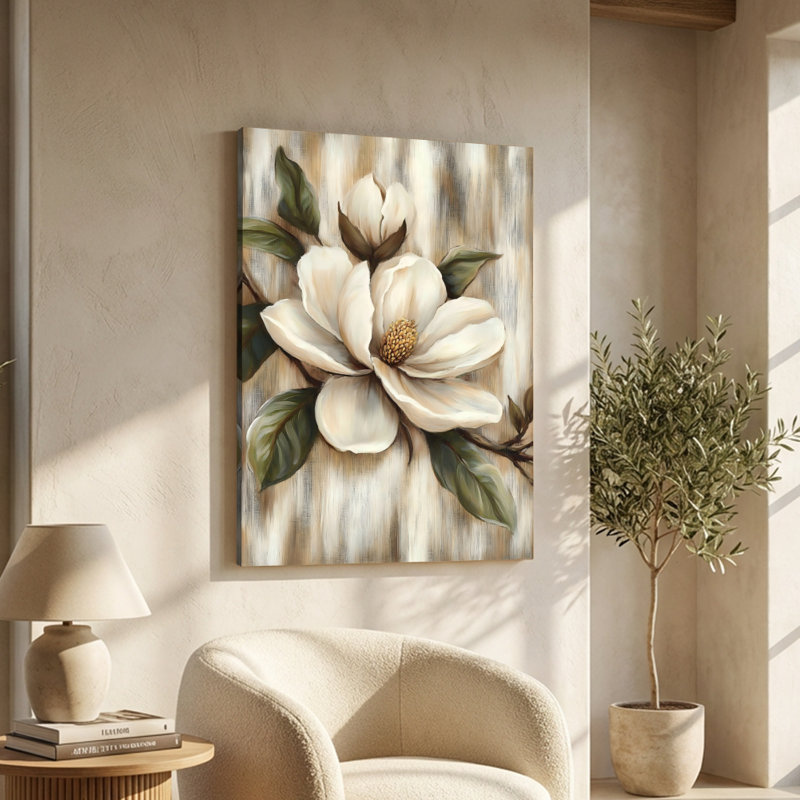Art mural sur toile de fleurs de magnolia avec feuilles vertes - coups de pinceau doux - galerie profonde de 1 po - 24 po x 36 po