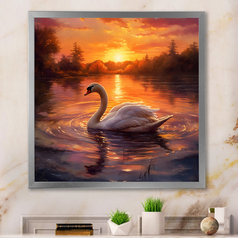 Cygne blanc, coucher de soleil romantique, H 16 po x l 16 po x P 1 po, Cadre simple argenté
