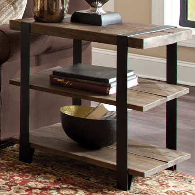 Nedra 27" Wide Rustic Industrial Solid Wood and Metal Frame Rectangular End Table With 2 Shelves