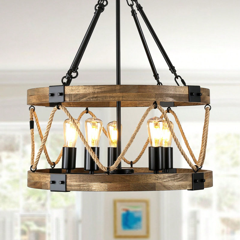 Luminaire suspendu rustique en bois massif 19,7 pouces rustique à 5 lumières sur table de salle à manger