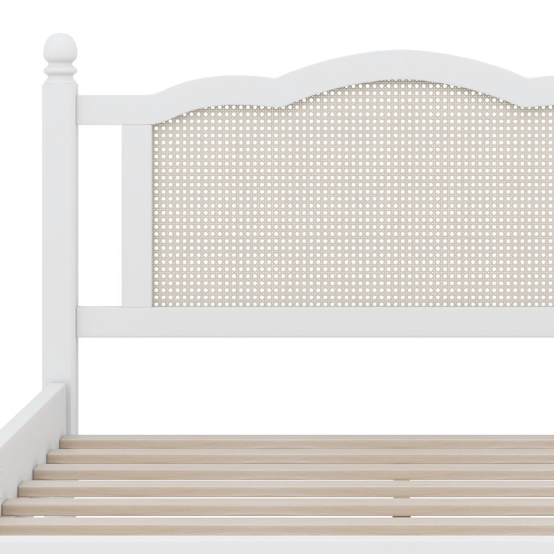 Ensemble de chambre à coucher 3 pièces, cadre de lit plateforme avec tête de lit en rotin, table de chevet rétro et coiffeuse avec tabouret