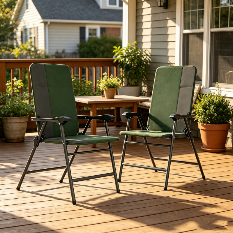 Ensemble de 2 chaises de patio pliantes et rembourrées, dossier haut avec accoudoirs, vert / gris, Grey/Green