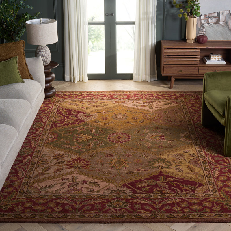 Geno Hand Tufted Wool/Cotton/Latex Oriental Rug in Red/Yellow/Green, Rectangle 7'6" x 9'6"