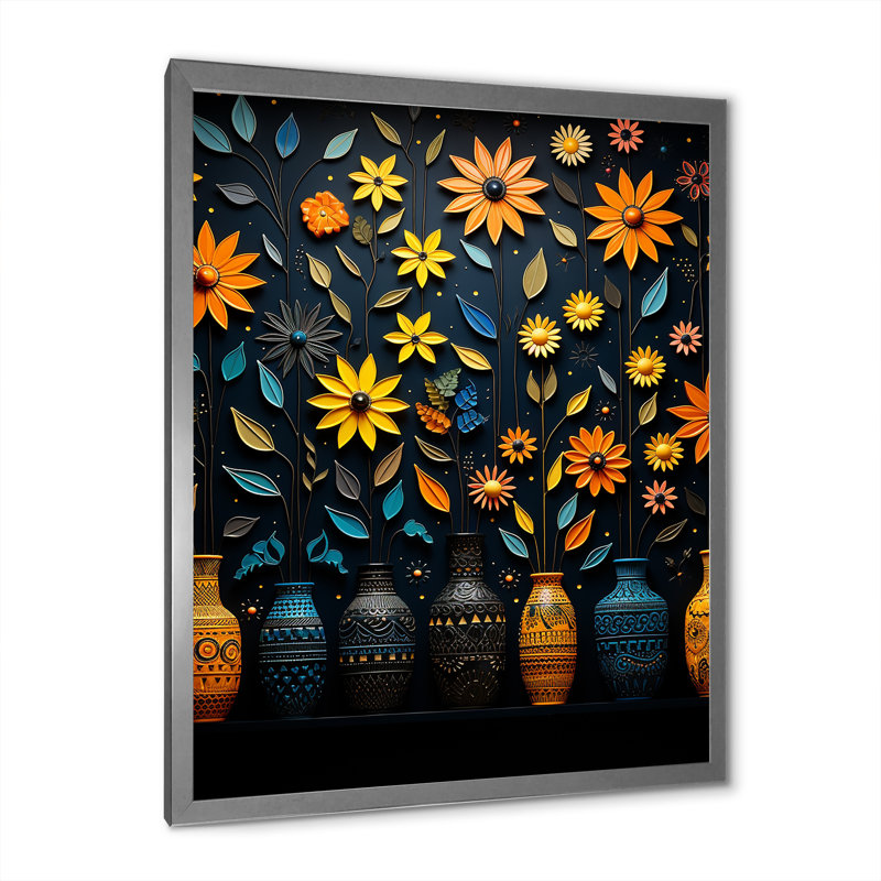 Impressions florales orange et bleues - art mural Boho, Cadre simple argenté, H 44 po x l 34 po x P 1,5 po