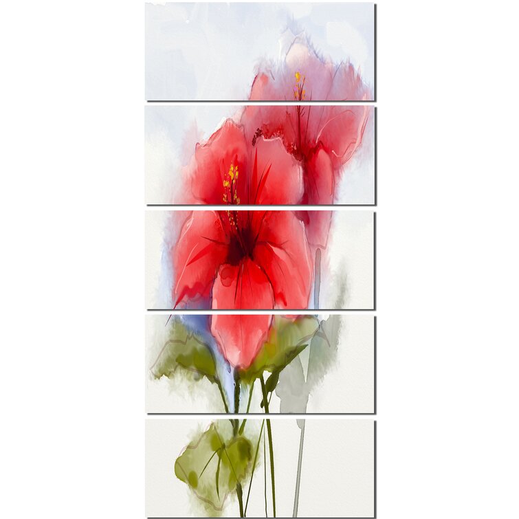 DesignArt Watercolor Painting Red Hibiscus Flower On Canvas 5 Pieces ...