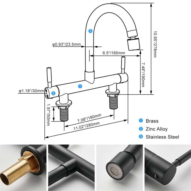 2 Hole Kitchen Sink Mixer Tap, Bridge Kitchen Mixer Taps, Matte Black
