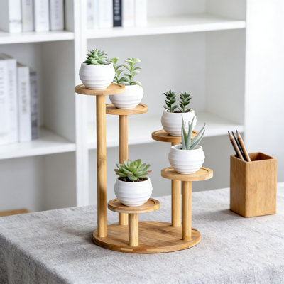 5 Tier Round Bamboo Plant Stand For Desk Tabletop Indoor Plants, Multi-Tier Succulent Herb Shelf With Sturdy Frame For Living Room Office Home Decor by Arlmont & Co.