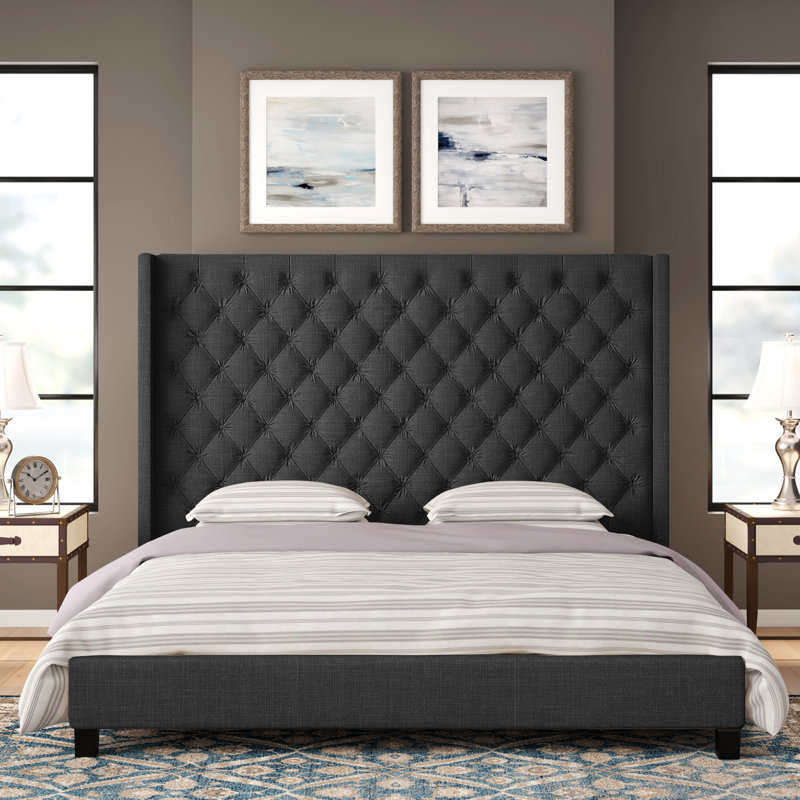 Londono Upholstered Wingback Bed, Heathered Dark Gray Linen, Queen