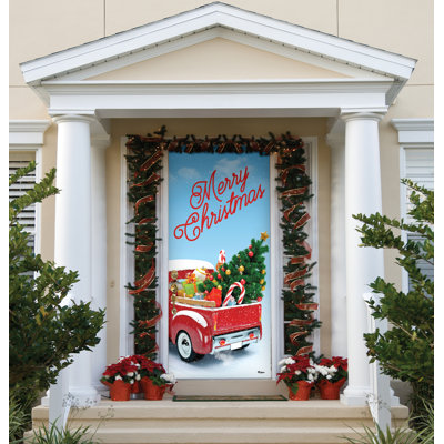 Vintage Red Truck and Tree 36" x 80" Christmas Door Banner - Front Door Outdoor Decorations