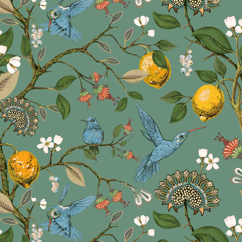 Fancy Hummingbird Patterned  Room Darkening Curtain,Rod Pocket Back Tab Floral Drapes,Set of 2, 52" W x 72" L, Sage Green
